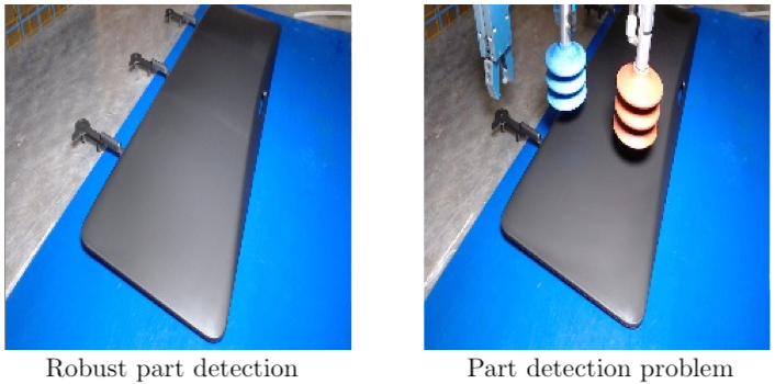 Two captured images with robust part detection and without: the later captured the suction cup which hold the part